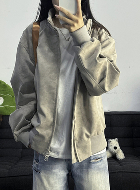 灰色美式扎染皮衣外套男秋季cleanfit飞行员夹克立领设计感棒球服
