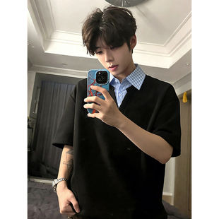 黑色假两件衬衫领短袖男款夏季美式重磅条纹翻领T恤cleanfit半袖