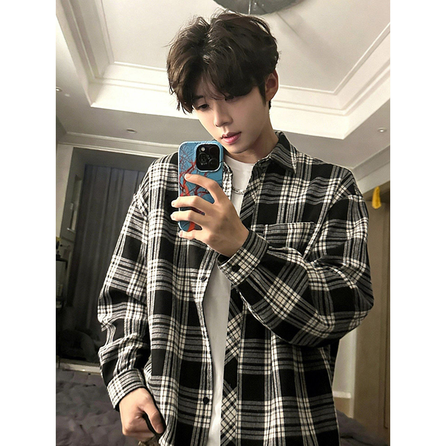美式复古黑白格子磨毛长袖男衬衫图片