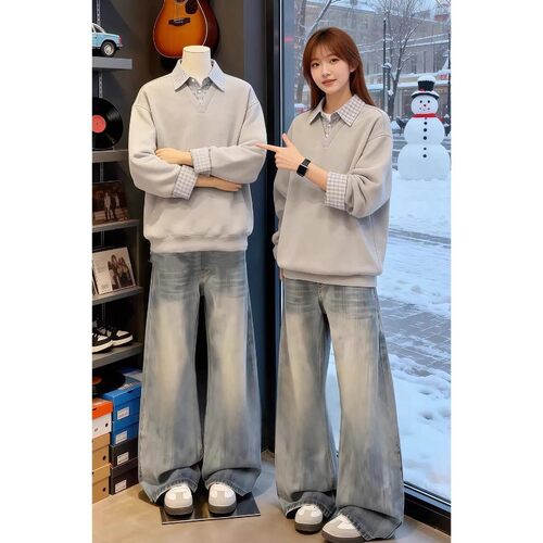 假两件格子拼接POLO领卫衣男冬