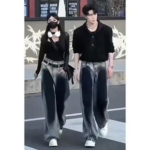 子 美式 复古水洗渐变弯刀牛仔裤 男款 潮牌宽松直筒阔腿拖地情侣长裤