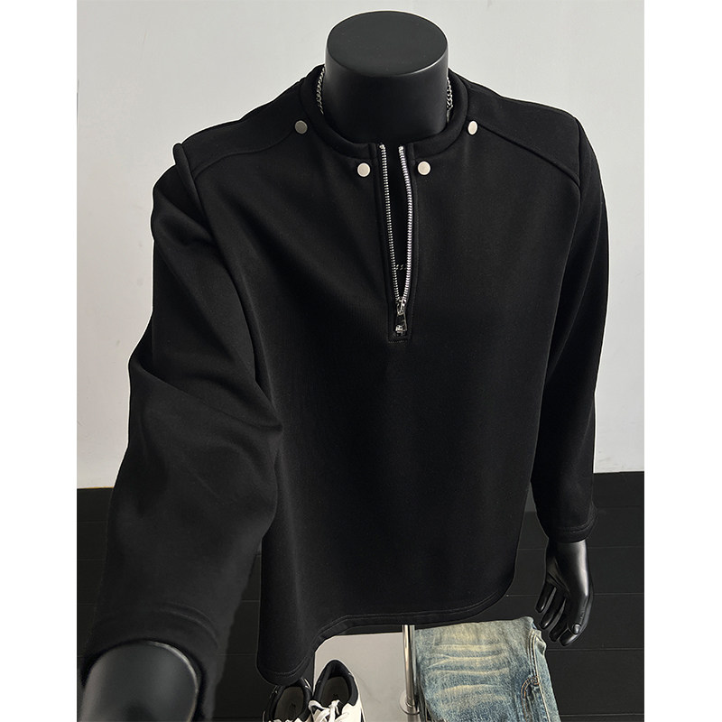 黑色半拉链垫肩卫衣男款春秋美式高街柳钉长袖T恤痞帅重磅打底衫,男装,卫衣,淘宝优惠券,粉丝福利购,淘宝优惠卷