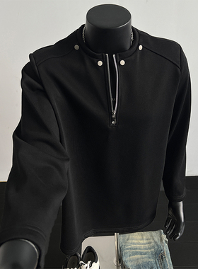 黑色半拉链垫肩卫衣男款春秋美式高街柳钉长袖T恤痞帅重磅打底衫