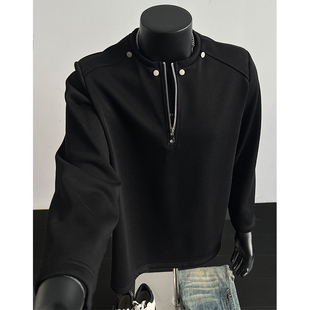 黑色半拉链垫肩卫衣男款春秋美式高街柳钉长袖T恤痞帅重磅打底衫