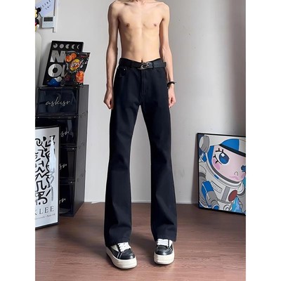 黑色高腰弯刀牛仔裤男款秋季美式