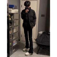 美式vibe风裤子男款秋冬加绒高街纯黑色弹力微喇牛仔裤窄版直筒裤