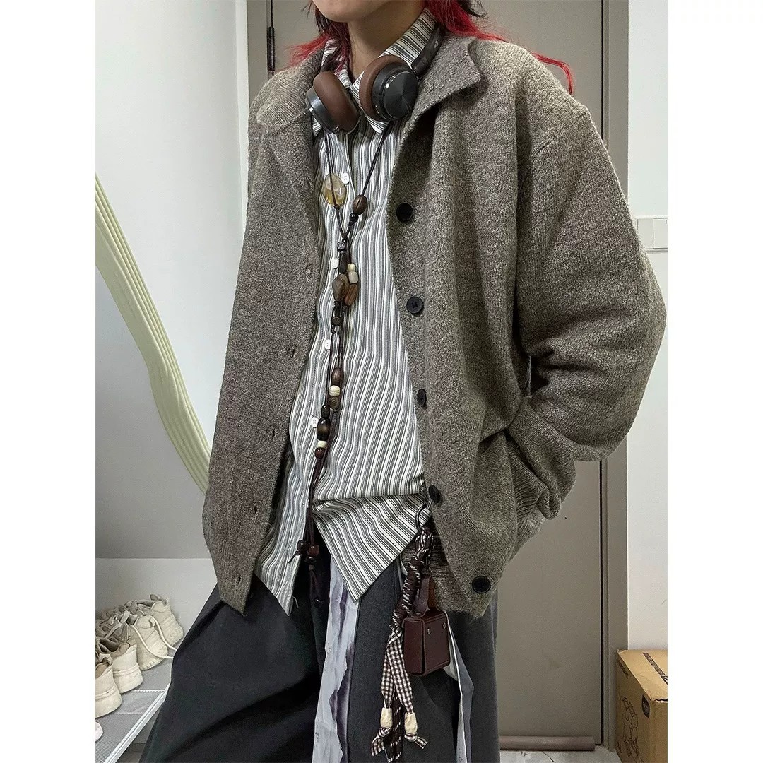 老钱风卡其色针织衫男秋季韩系人夫感复古毛衣慵懒松弛感软糯外套