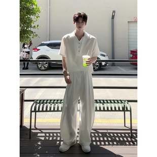 假两件V领衬衫男夏薄款高级感痞帅短袖t恤宽松慵懒风休闲半袖上衣