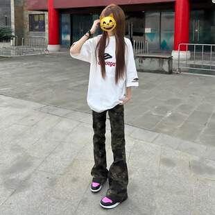 美式微喇叭迷彩牛仔裤男夏季薄款修身裤子显瘦加长复古弯刀工装裤