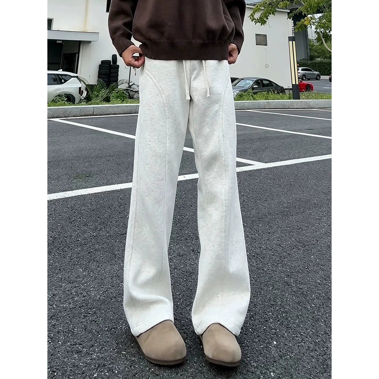 白灰色美式运动卫裤男款秋春季高级感垂感弯刀裤子cleanfit微喇裤
