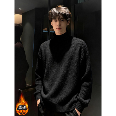 黑色高领男士加绒加厚打底毛衣