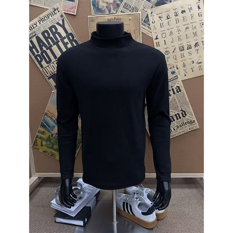 黑色半高领德绒打底衫男款秋冬美式cleanfit内搭加绒正肩修身卫衣