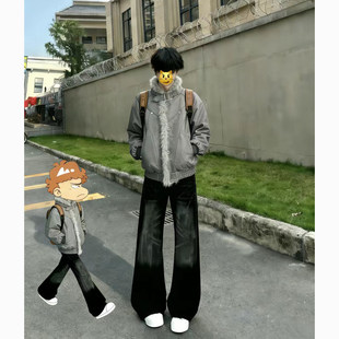 灰色仿麂皮绒毛领棉服男款冬季美式解构座山雕棉衣加厚立领外套