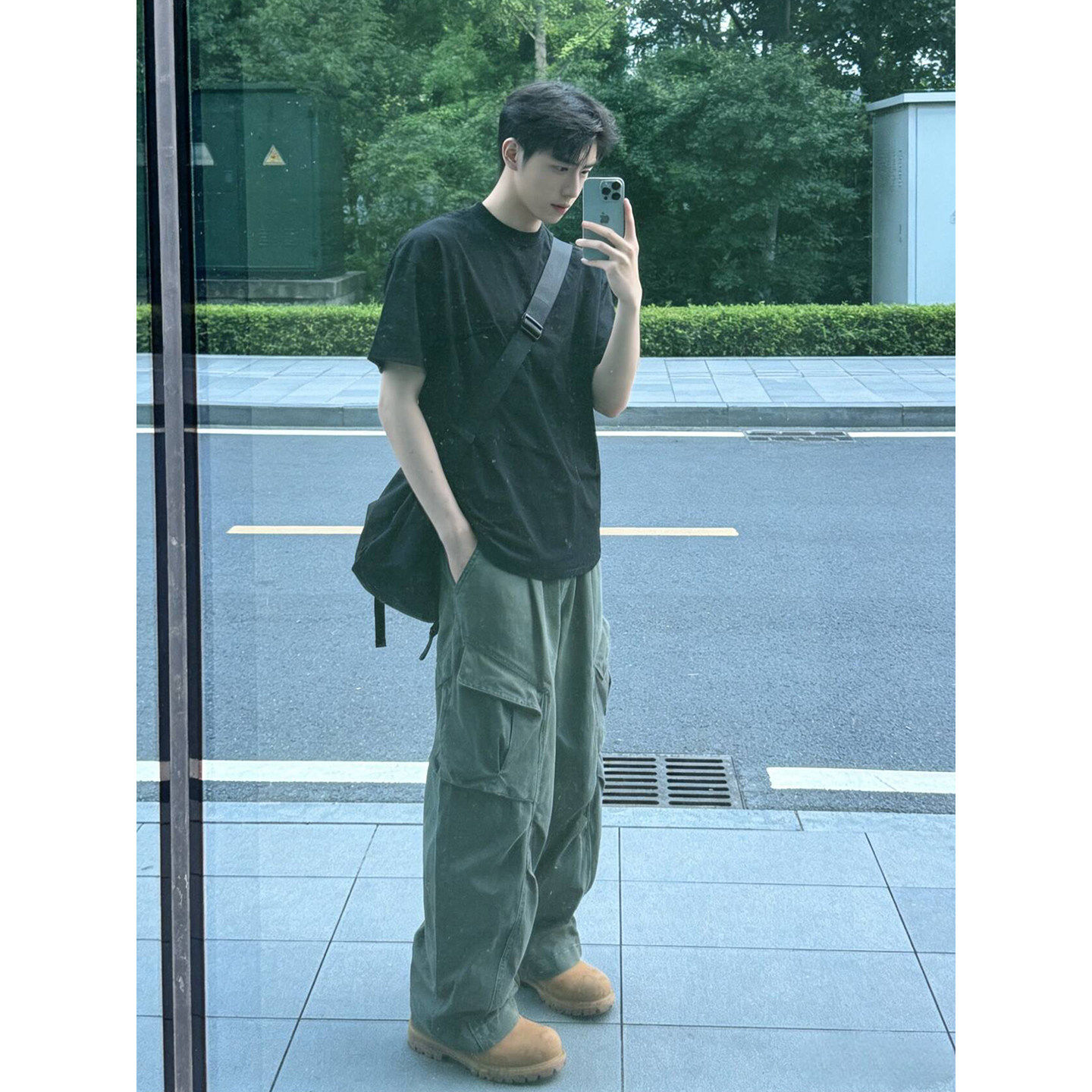军绿色褶皱伞兵工装裤男夏季cleanfit微喇直筒裤美式伐木弯刀裤子