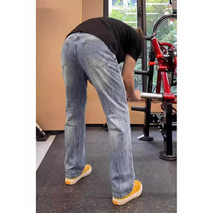 蓝色闪电纹牛仔裤男款春季美式复古水洗直筒裤子cleanfit微喇裤