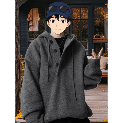 深灰色慵懒风连帽毛衣男款