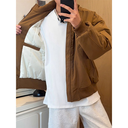 棕咖色短款立领棉衣外套男冬季美式复古棒球服飞行员夹克羽绒棉服