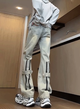 泥黄色牛仔裤男款秋季设计感拉链排扣裤子美式高街vibe直筒微喇裤