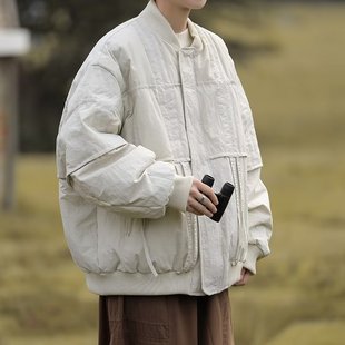 港风日系复古立领羽绒服男士冬季棒球服棉衣男宽松工装棉衣男外套