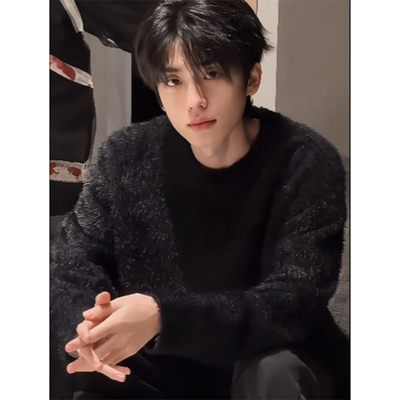 黑色马海毛毛衣男款冬季美式