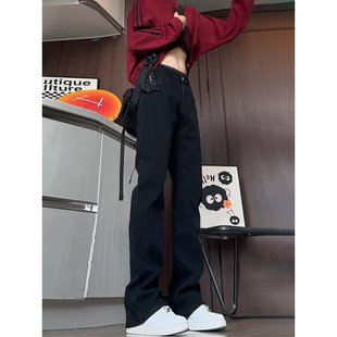 美式 秋冬季 vibe风裤 子高个子修身 纯黑色加绒牛仔裤 直筒微喇裤 男款