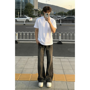 黑色闪电纹微喇牛仔裤男款春季美式高街vibe裤子痞帅弯刀直筒裤