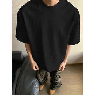 cleanfit黑色正肩t恤男潮牌320g重磅小领口短袖美式纯棉内搭半袖