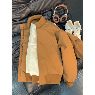 cleanfit棕色短款羽绒服男款冬季加厚立领棒球服美式飞行夹克棉衣