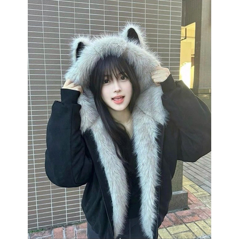 猫耳座山雕外套女冬季短款