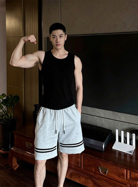 白灰色条纹运动短裤男款夏季重磅潮流健身五分裤美式薄款休闲裤子