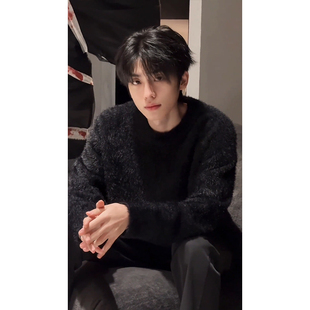 cleanfit黑色马海毛毛衣男款慵懒高级感水貂绒软糯圆领打底针织衫