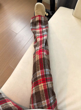 红色条纹毛呢格子卫裤男冬季加绒加厚保暖直筒裤美式慵懒垂感裤子