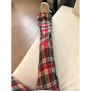红色条纹毛呢格子卫裤男冬季加绒加厚保暖直筒裤美式慵懒垂感裤子