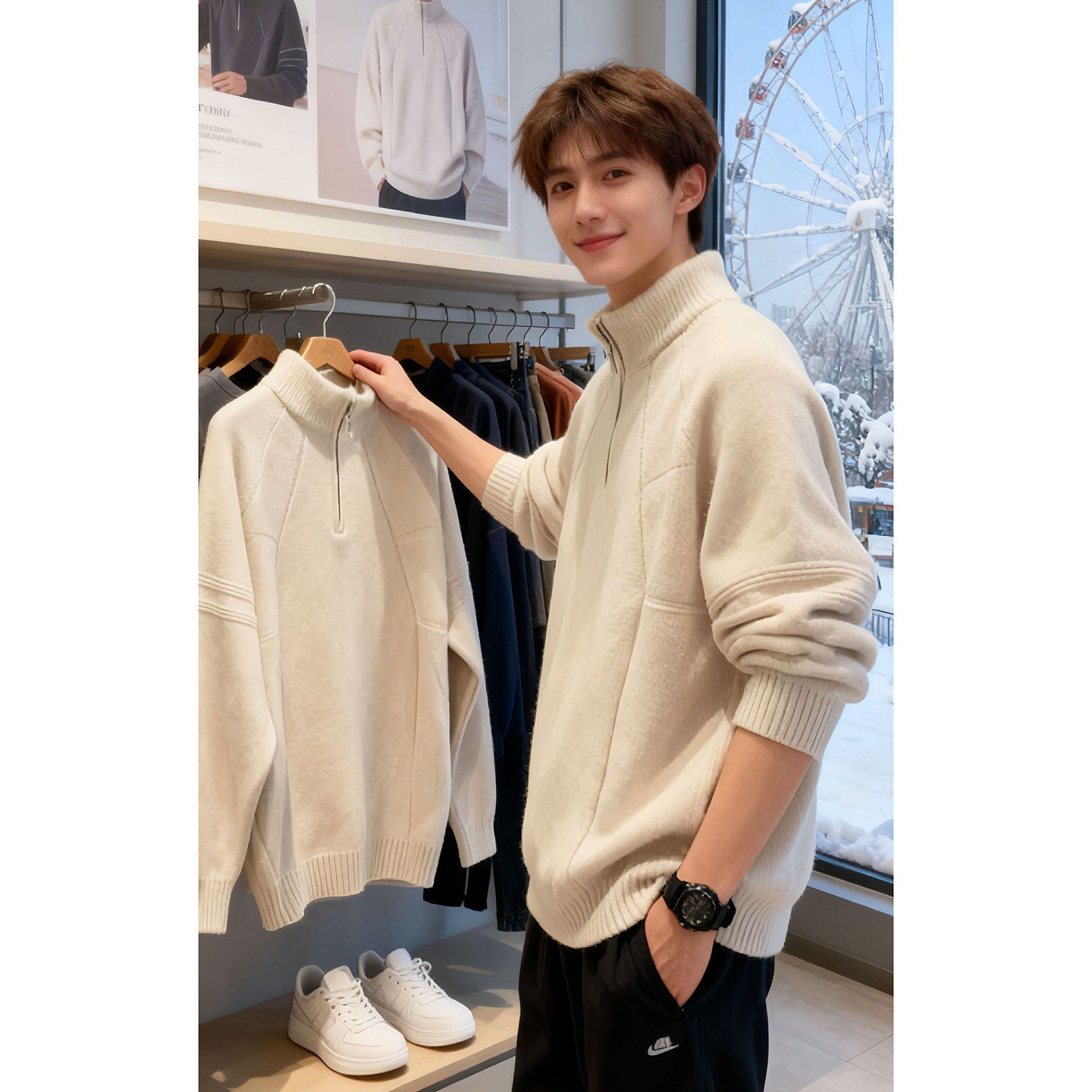 美式半拉链立领毛衣男士冬季cleanfit针织衫宽松慵懒风内搭毛线衣,男装,针织衫/毛衣,淘宝优惠券,粉丝福利购,淘宝优惠卷