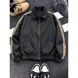 黑色条纹拼接撞色夹克男秋季薄款运动棒球服外套韩版短款工装上衣