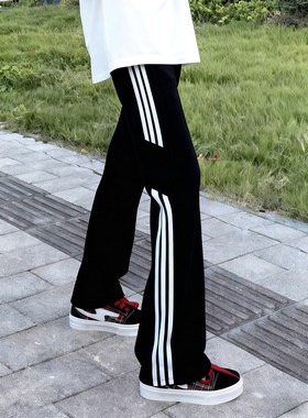 黑色美式三条杠条纹卫裤