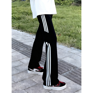 黑色美式三条杠条纹卫裤男秋冬潮牌青少年裤子加绒直筒运动休闲裤