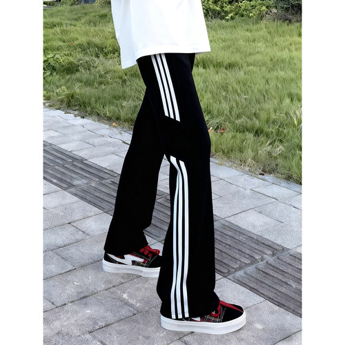 黑色美式三条杠条纹卫裤