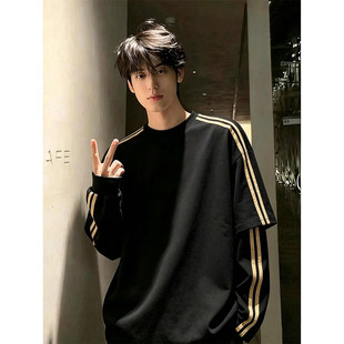 黑色条纹撞色假两件卫衣男款双纱拼接纯棉t恤少年感穿搭长袖上衣