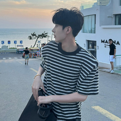 黑白条纹针织短袖男款夏季