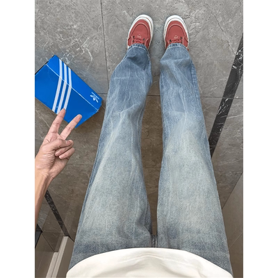 美式复古闪电纹水洗牛仔裤男款