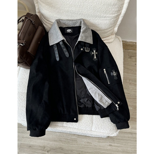 黑色十字架飞行夹克男款春季美式高街翻领棒球服cleanfit短款外套