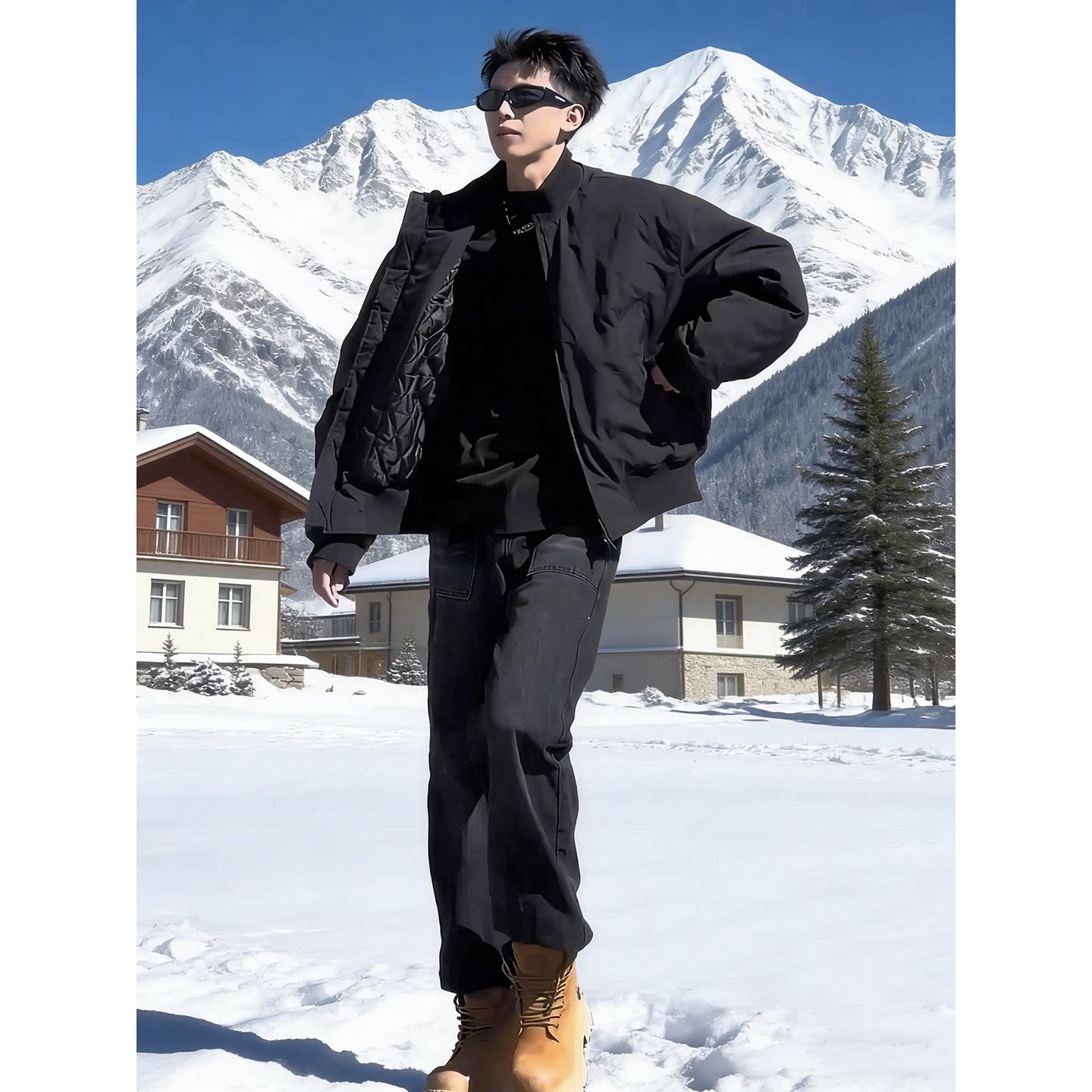 黑色短款立领羽绒服男冬季美式飞行夹克棉服cleanfit三防加厚外套