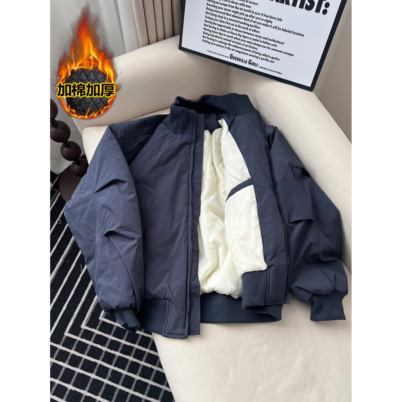 藏青色短款夹克棉衣男冬季美式