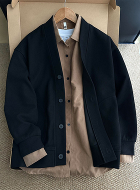 黑色极简穿搭v领开衫外套男秋季美式慵懒chic卫衣无帽华夫格夹克