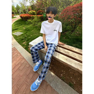 何以至此蓝色刺绣格子裤男女夏季美式高街微喇裤子直筒休闲运动裤