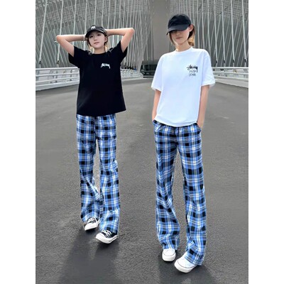 夏季美式蓝格显瘦直筒运动裤