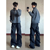 黑色褶皱休闲西裤 高街痞帅弯刀直筒裤 男秋冬加绒加厚微喇裤 子美式