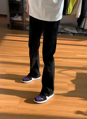 黑色弯刀牛仔裤秋季男生美式高街vibe裤子潮牌高腰窄版直筒微喇裤