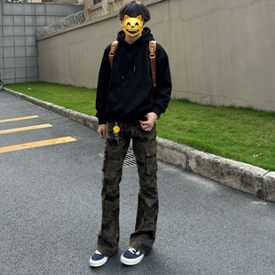 美式高街迷彩牛仔裤男款秋冬加绒vibe工装裤子修身窄版直筒微喇裤